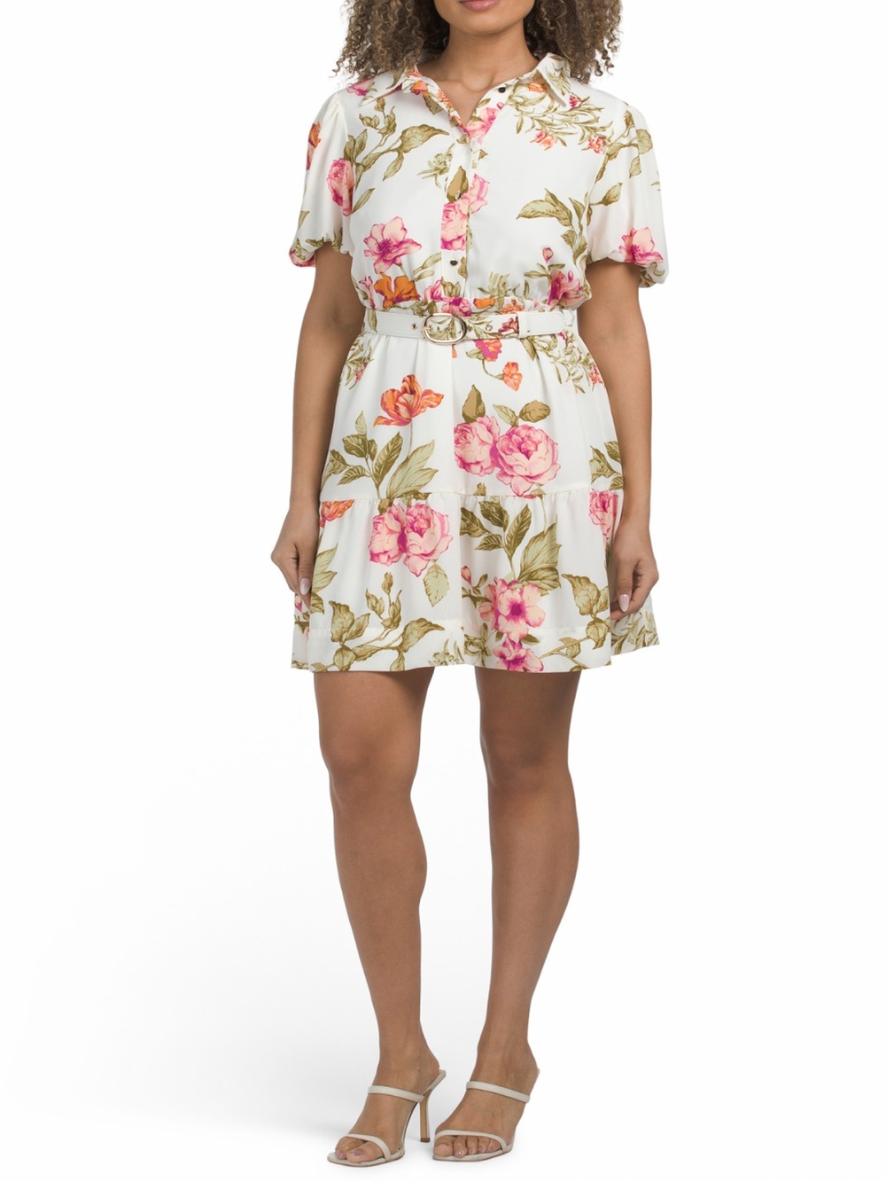 CeCe White Floral Button-Front Shirt Dress with Belt